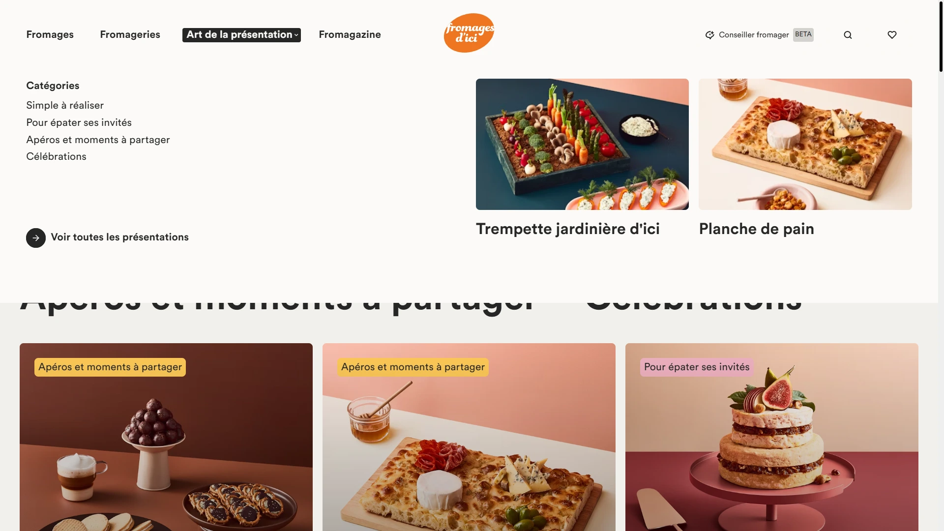 Menu optimiser et page Art de la Présentation sur les Fromages d'ici